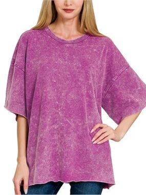 ZENANA Vintage Washed Light Plum Oversized T Shirt